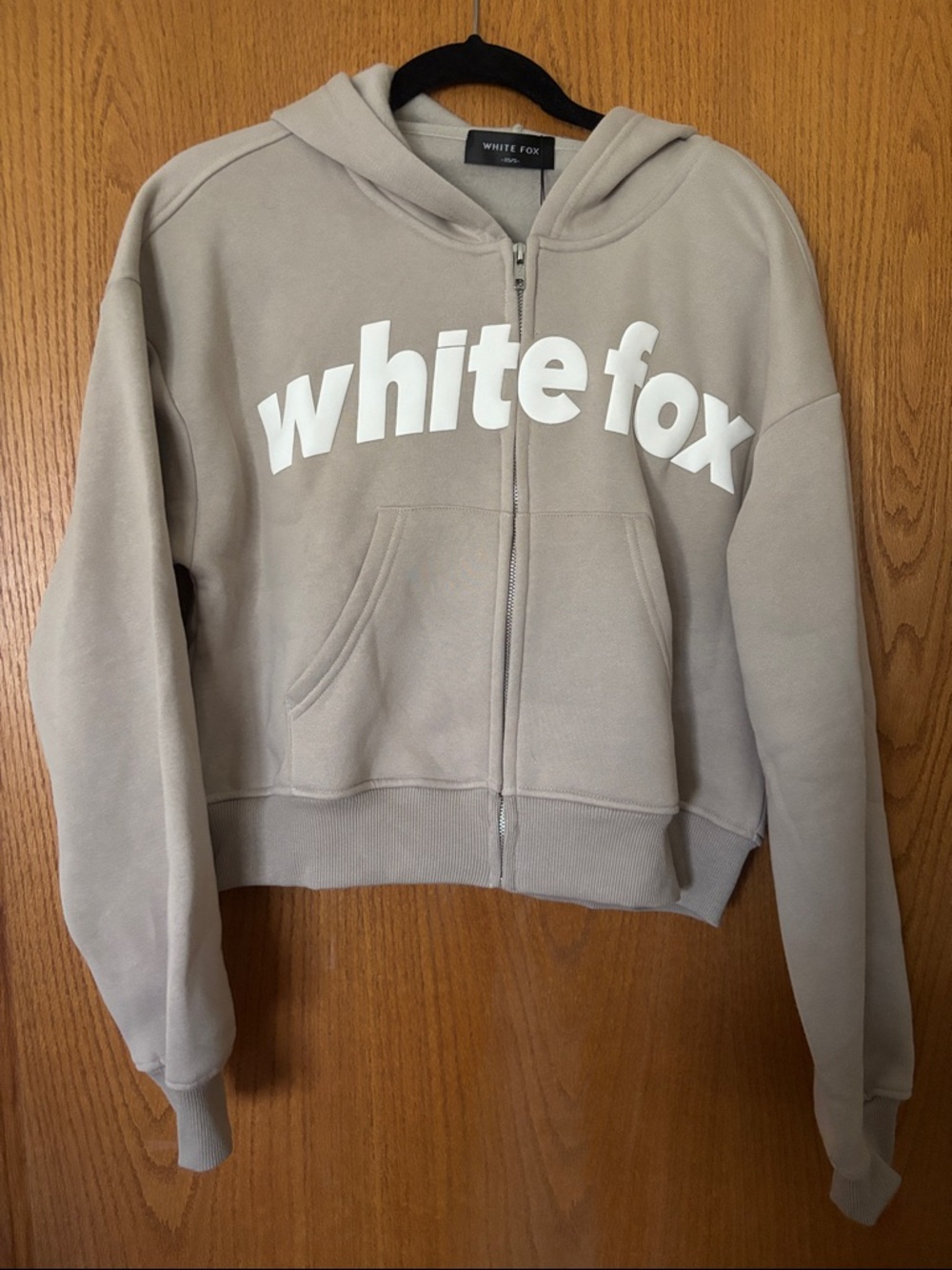 White Fox Boutique Taupe Zip-Up Hoodie with White Logo